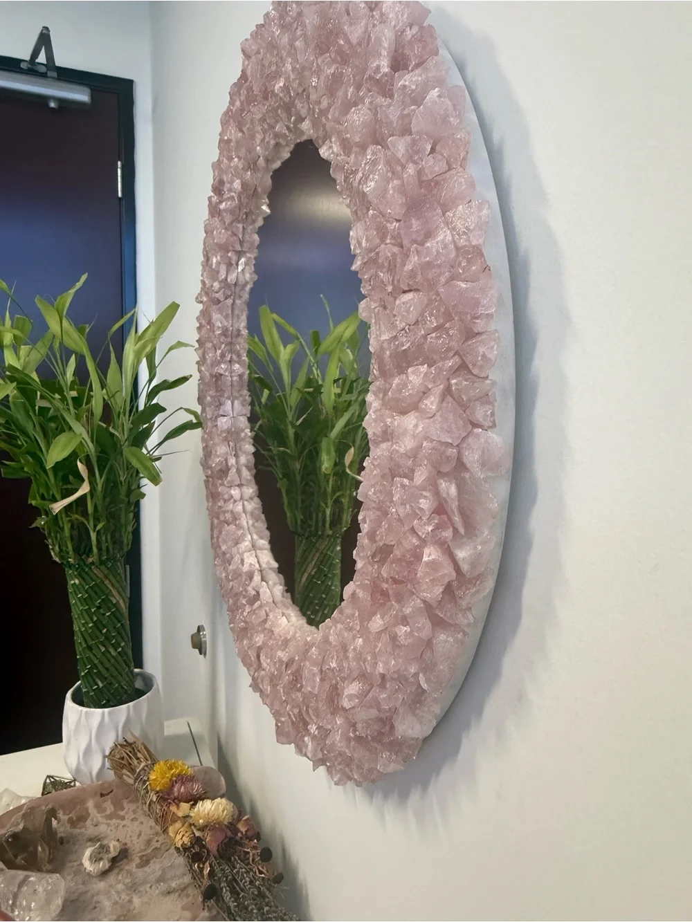 Rose Quartz Crystal Round Wall Mirror - Pink Decorative Mirror
